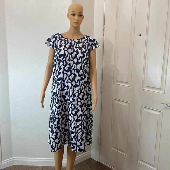 Anne Klein Dress Size 14W Scoop Neck Cap Sleeve Midi Blue White Zipper Back - Picture 2 of 11